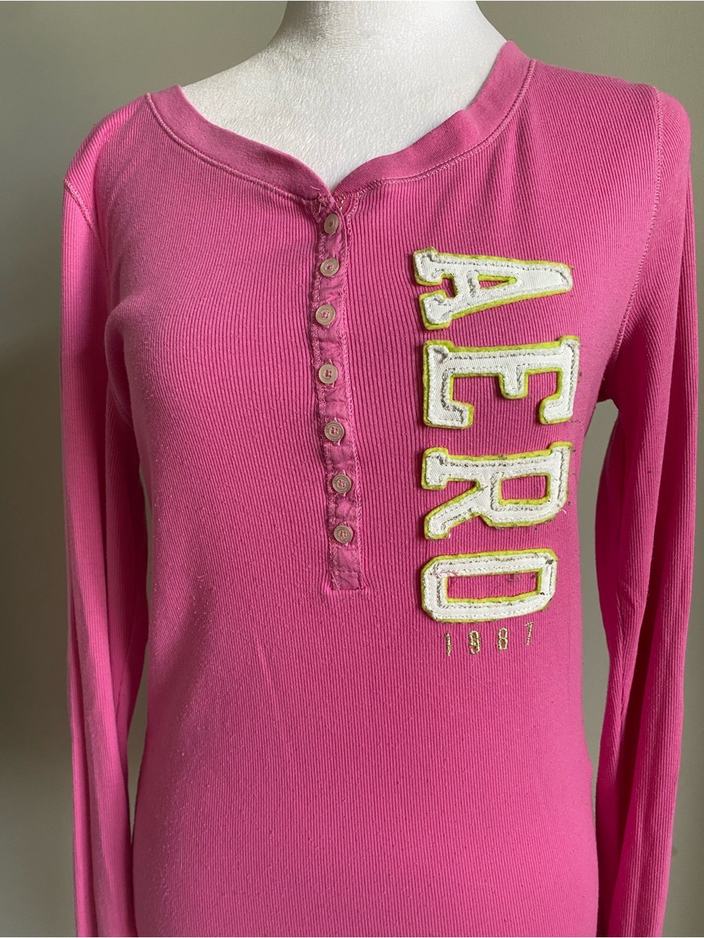 Vintage Aeropostale Pink Long Sleeve Ribbed Henley XL - Picture 2 of 6